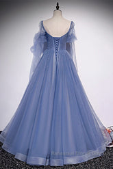 Beautiful Blue Tulle Beaded Long Formal Dress Party Dresses, A-Line Wedding Party Dresses